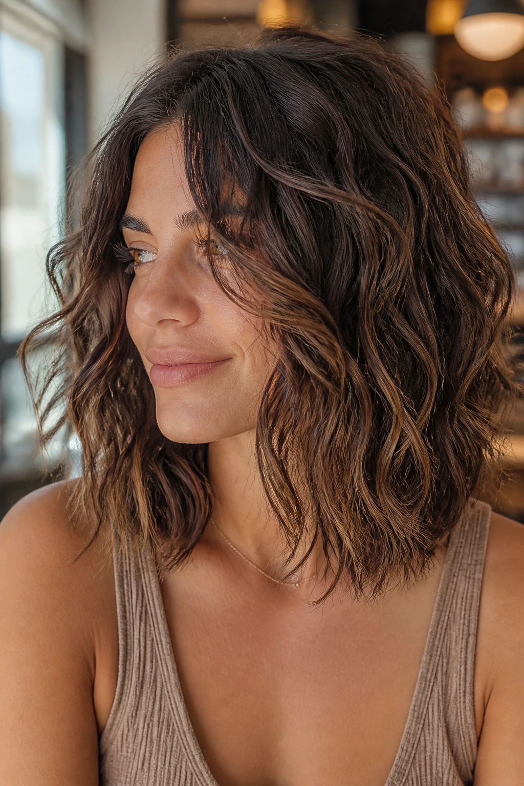 Close-up of a real woman's collarbone-length lob with shattered layers