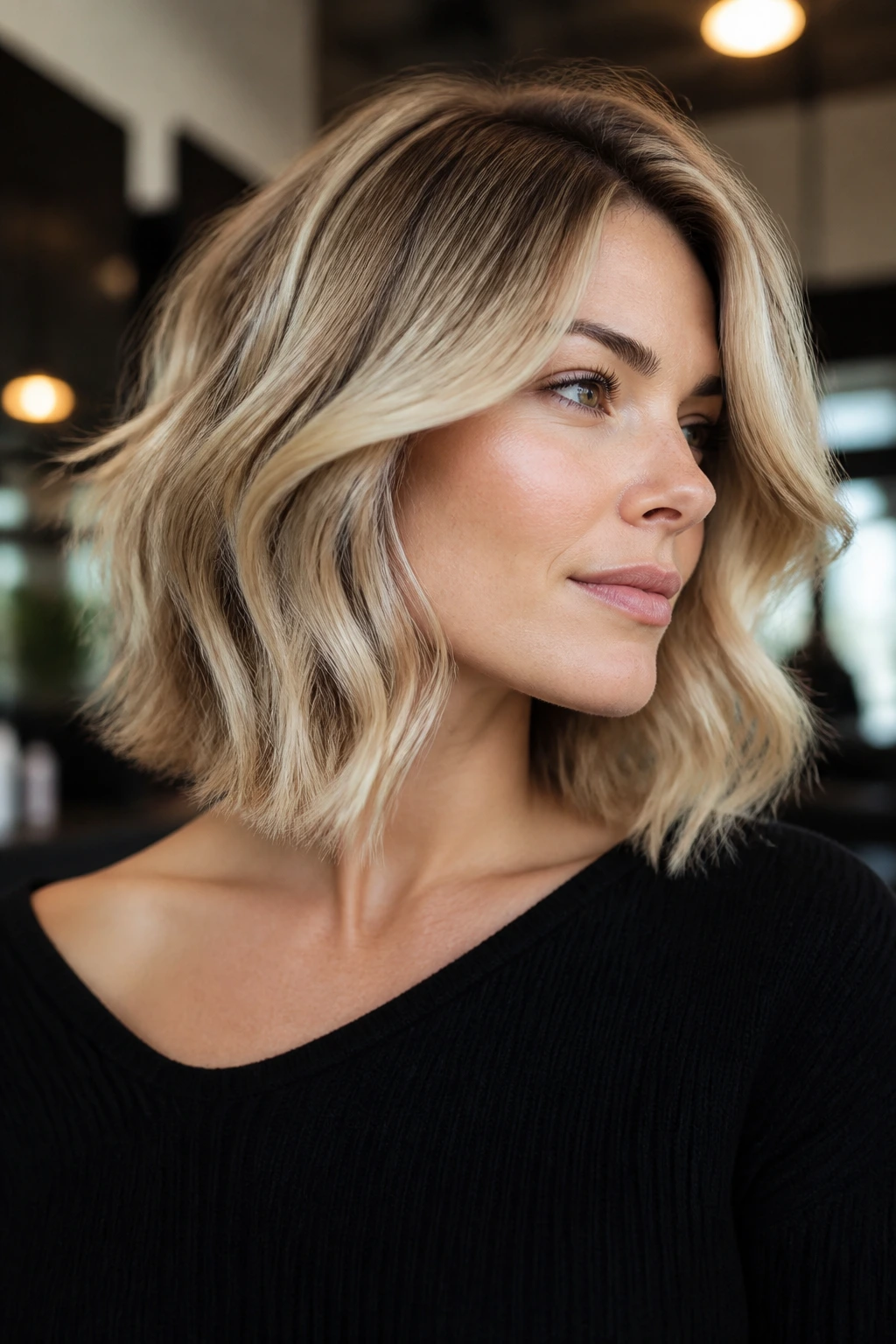 Close-up of a woman with collarbone-length lob and side-part