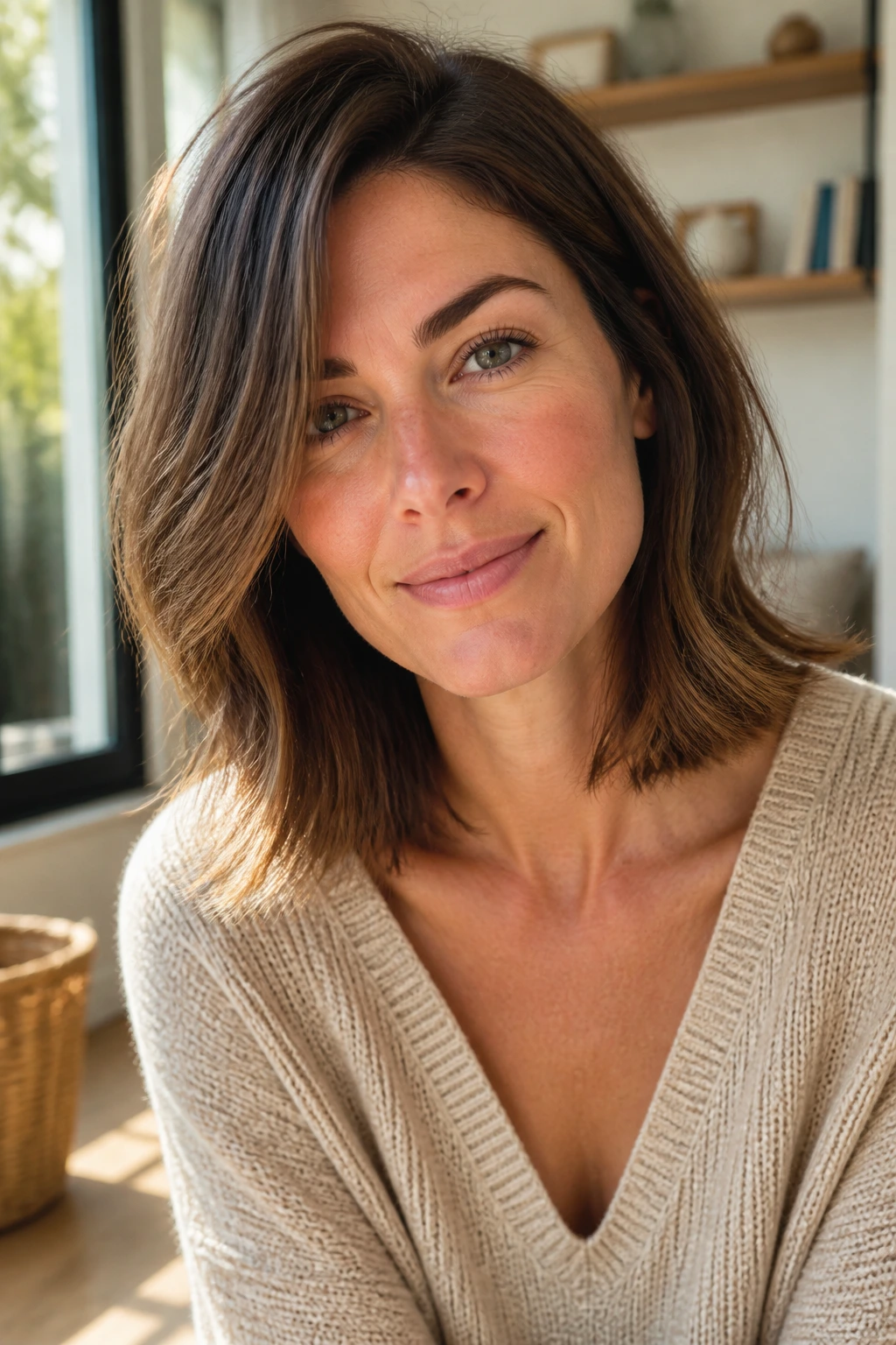 Close-up of a real woman with a soft collarbone-length lob and side part