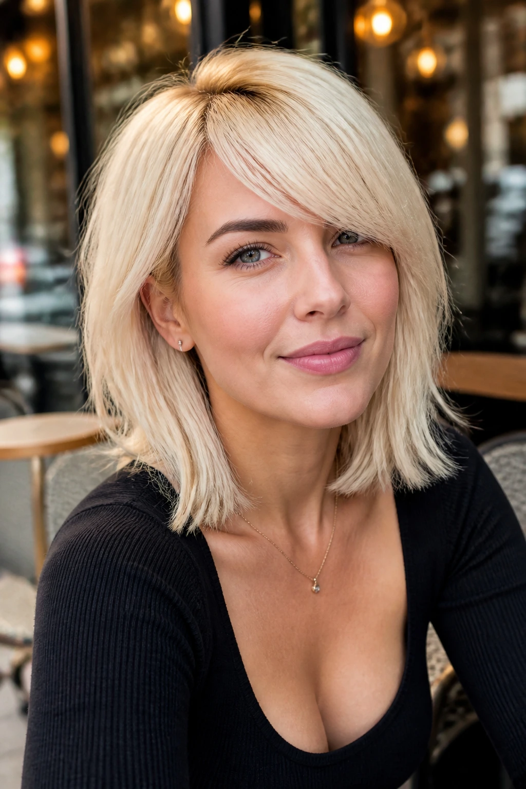 Close-up of a real woman with a collarbone-length platinum lob and side-swept bangs