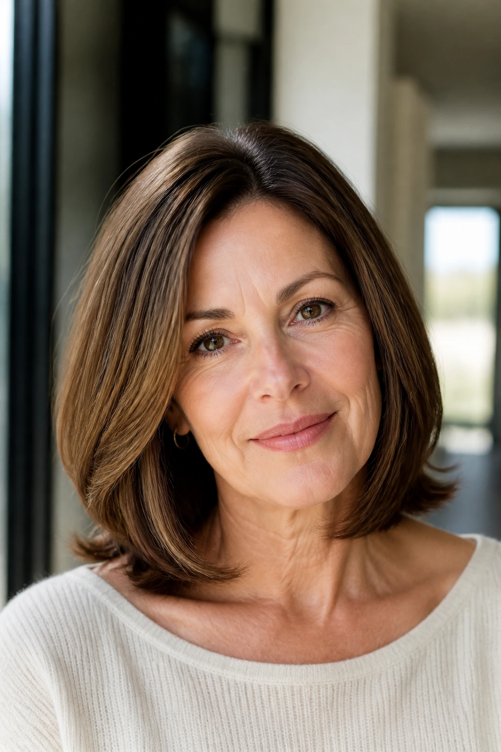 Portrait of a real woman with a collarbone-length lob and soft bend in natural light