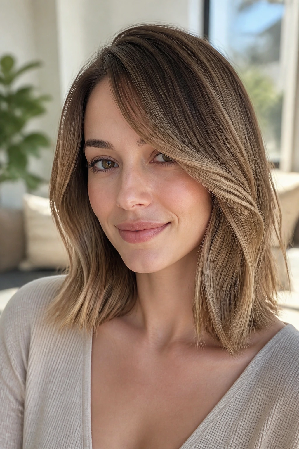 Close-up of a real woman with collarbone-length lob and soft bends