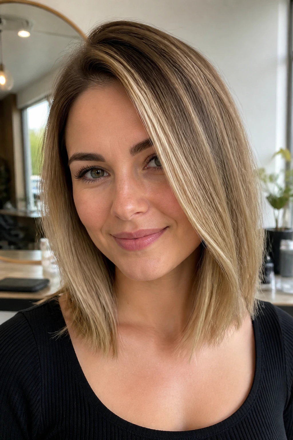 Close-up of collarbone-length lob with soft ends on a real woman