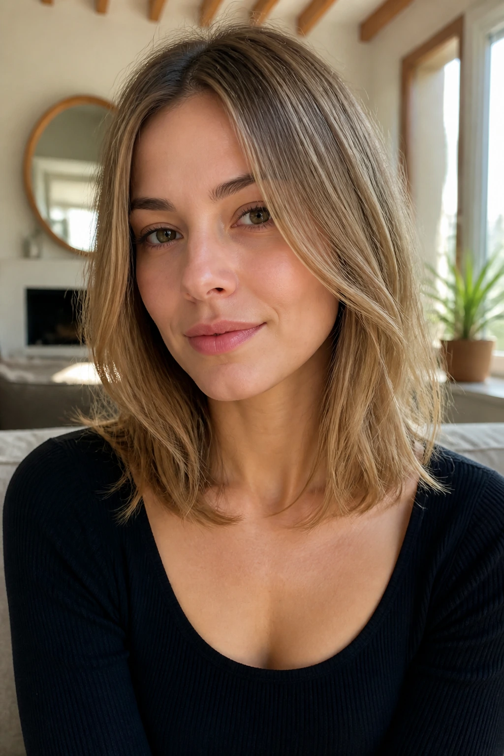 Portrait of a woman with a collarbone-length lob and soft ends in warm natural light