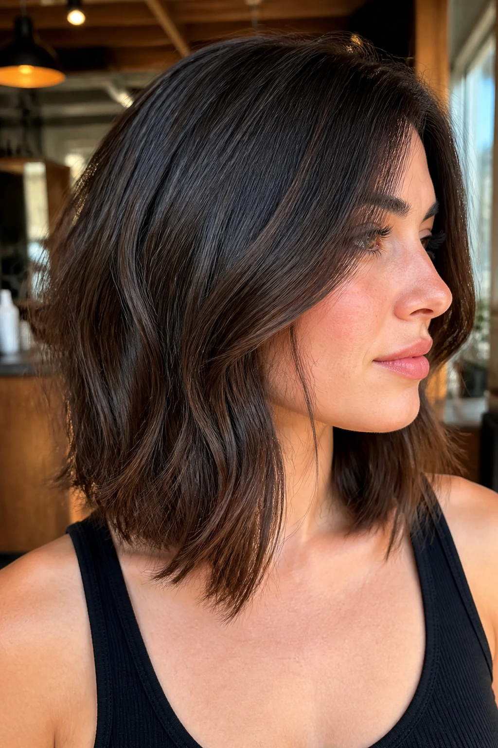 Close-up of a real woman with a collarbone-length lob and soft graduation in back, thick hair framing the face.