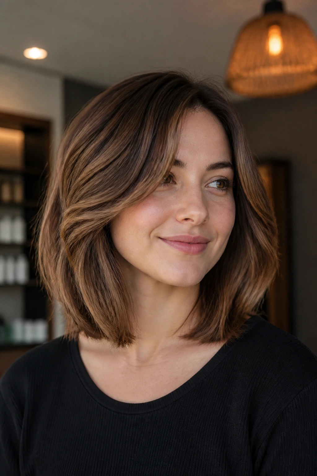 Close-up of collarbone-length lob with soft underlayers on a real person