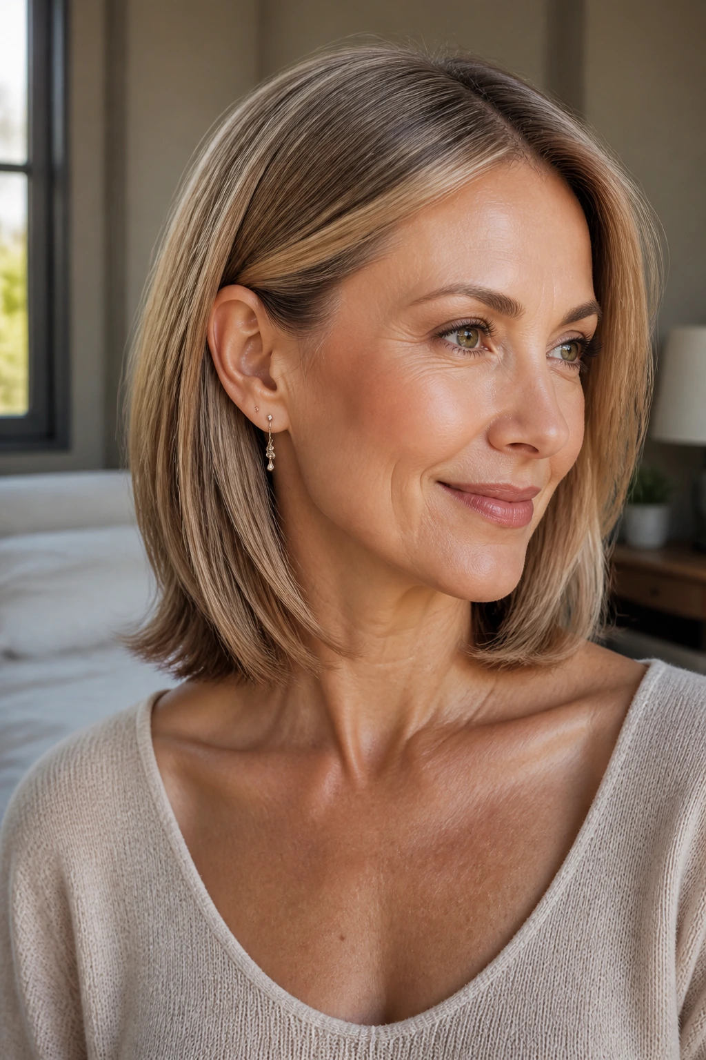 Close-up of a real woman with a collarbone-length lob and soft ends in natural light