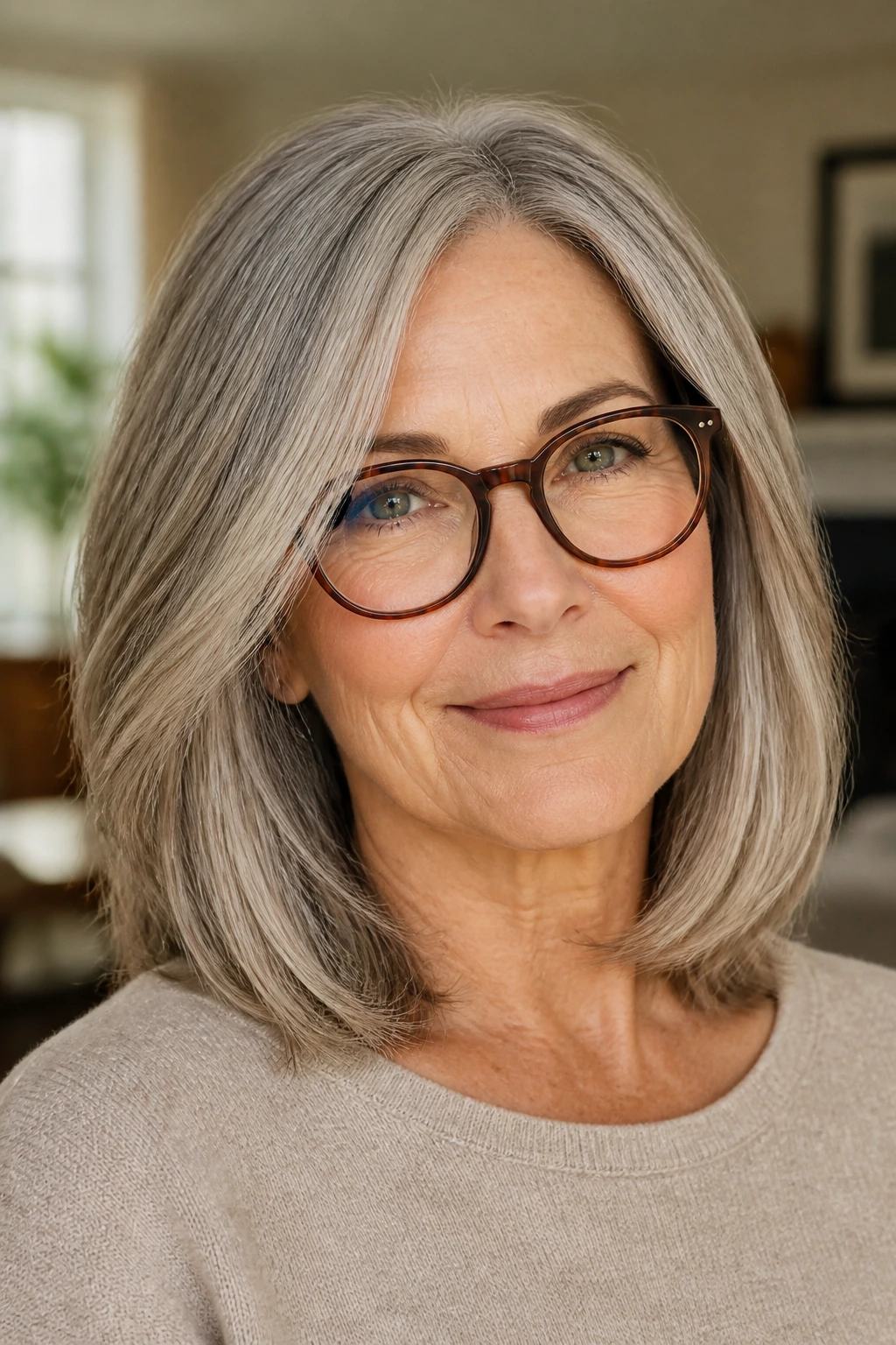 Close-up portrait of a woman with a collarbone-length lob and soft ends in warm light