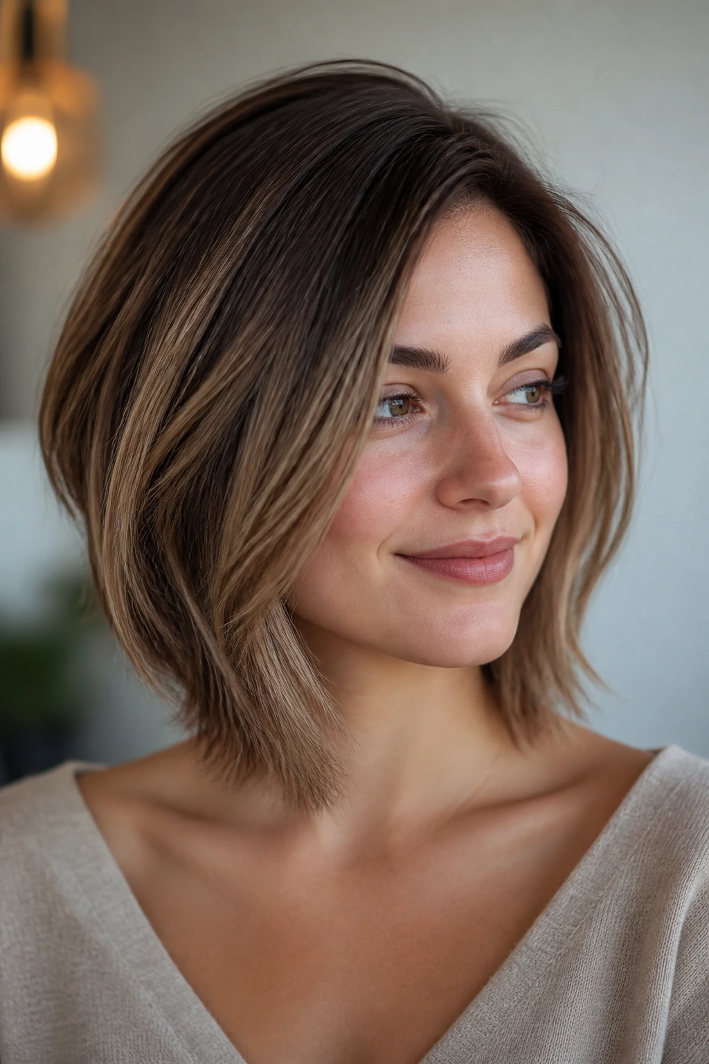 Portrait of a woman with a collarbone-length stacked lob.