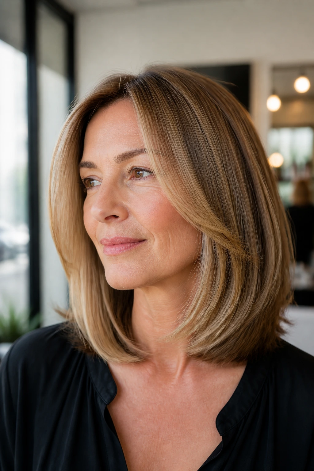 Close-up of a woman with a collarbone-length lob and subtle internal layers