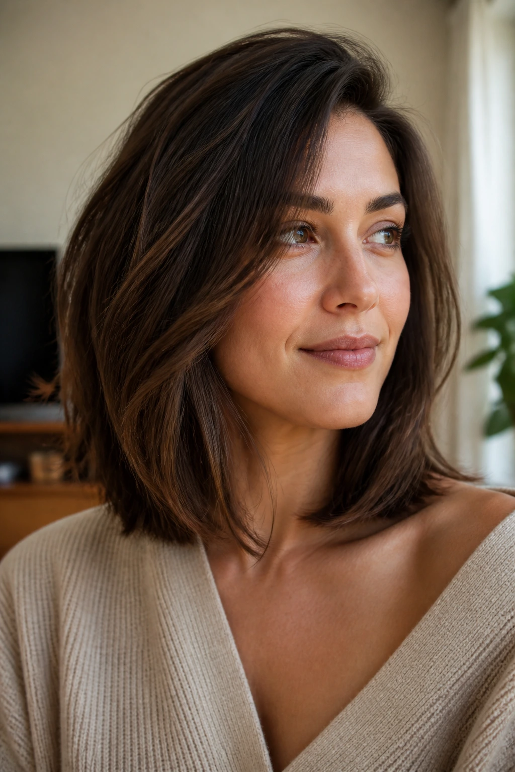Close-up portrait of a real woman with a collarbone-length lob hair
