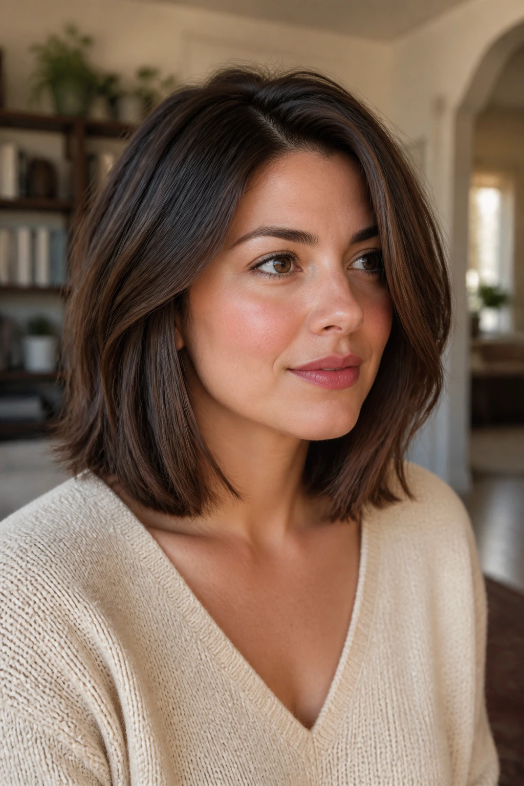 Close-up portrait of thick-haired woman wearing beveled collarbone-length lob
