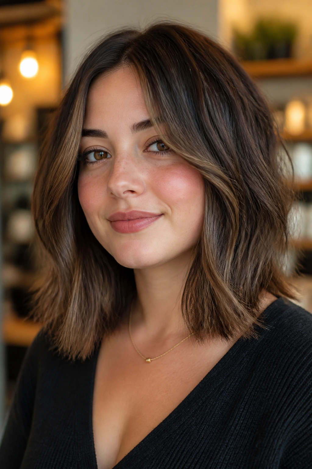 Portrait of a person wearing a collarbone-length soft lob that suits thick hair