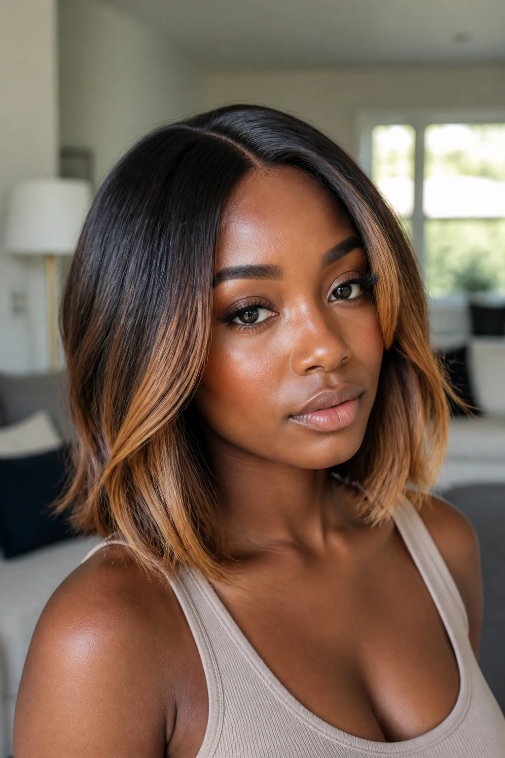 Portrait of a real person with collarbone-length lob and toasted ends