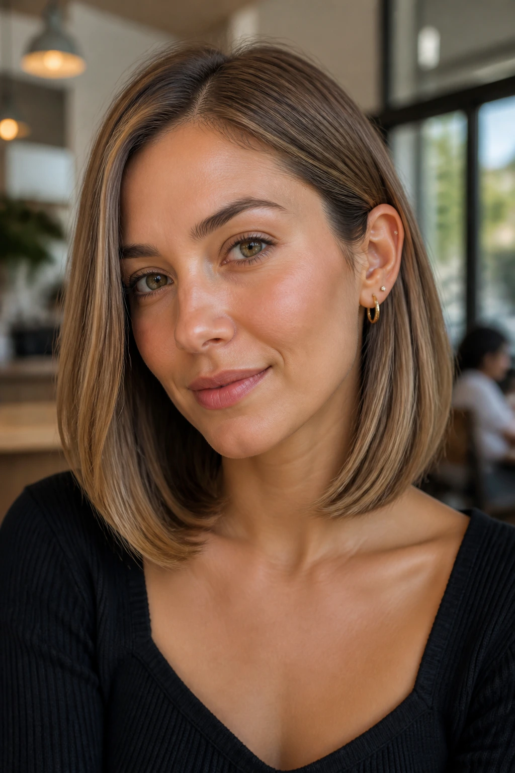Close-up of a real woman with a collarbone-length lob and tucked ends.