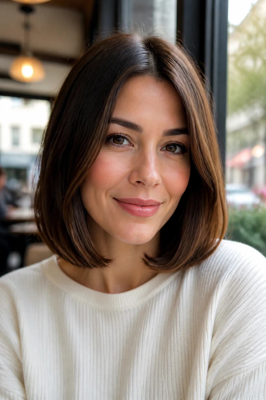 Woman with collarbone-length lob and tucked-under ends in daylight