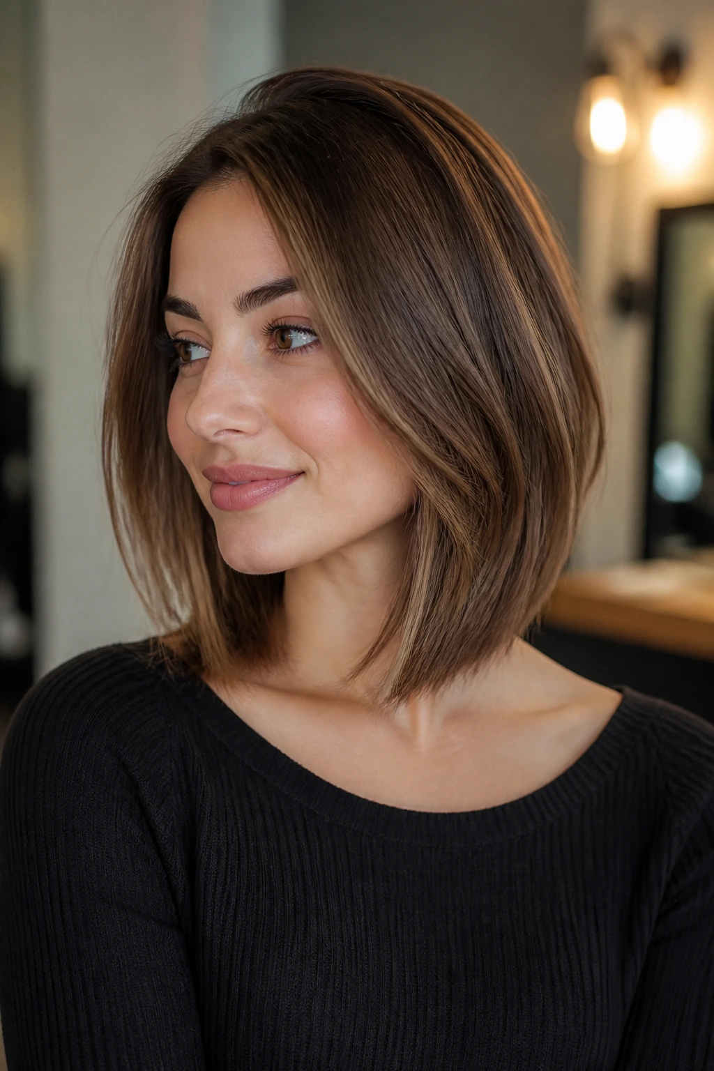 Real woman with collarbone-length lob illustrating hairstyle variations