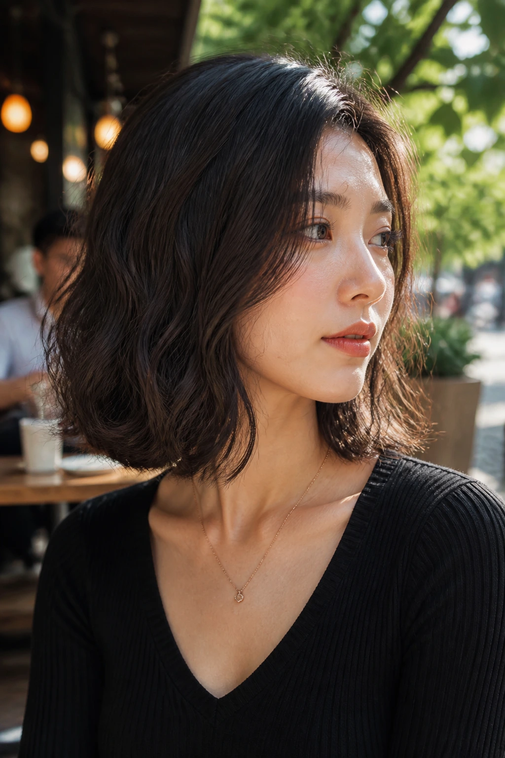 Close-up of a real woman with a collarbone-length lob at the clavicle