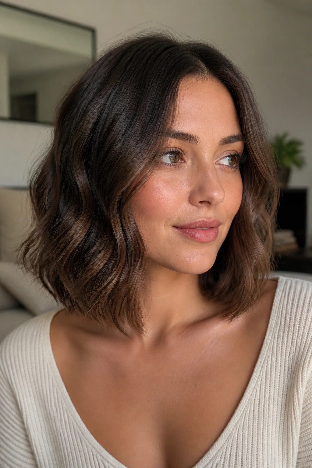 Portrait of a person with collarbone-length lob and soft waves