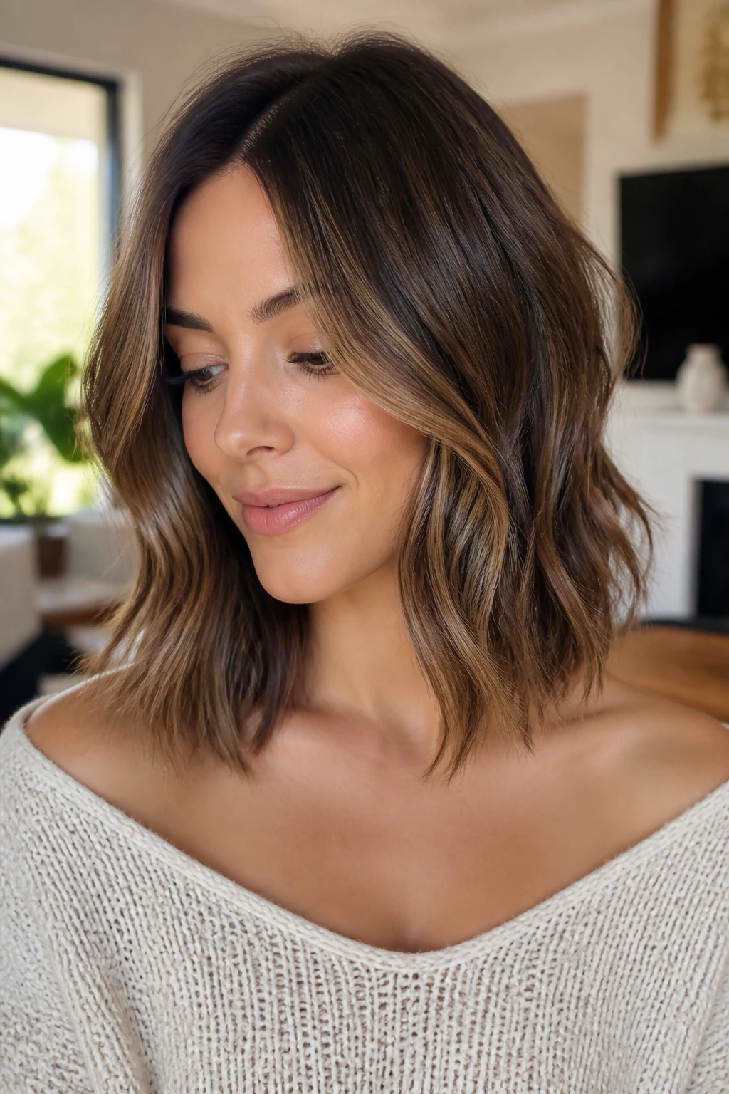 Real woman with collarbone-length lob and soft waves