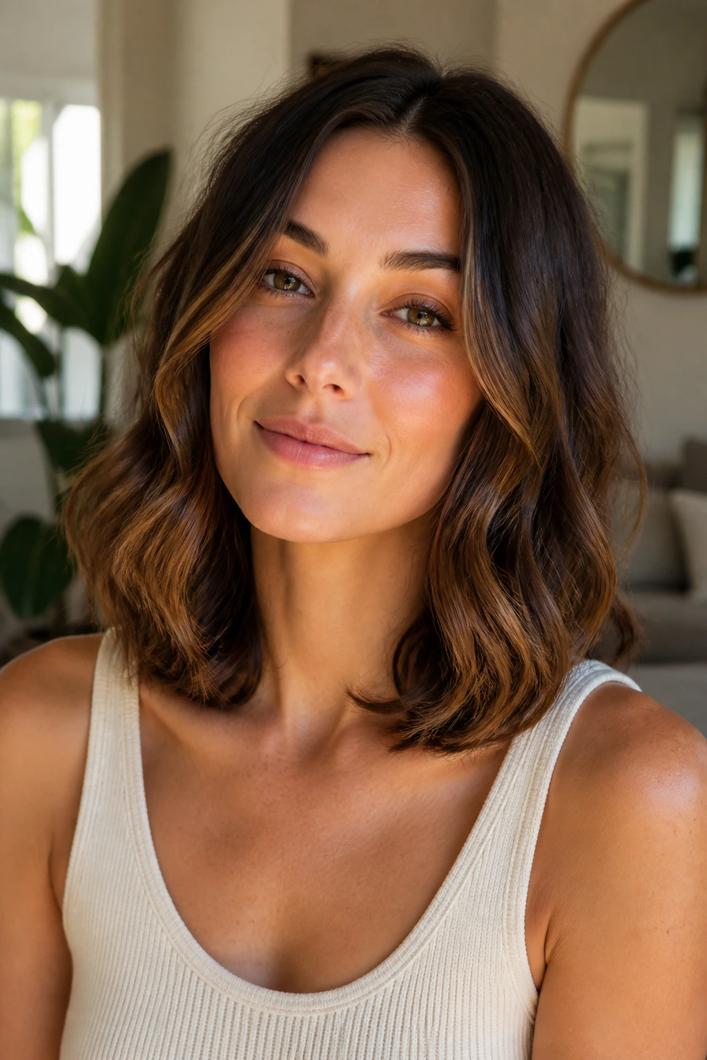 Shoulder-length wavy lob with a soft bend and curled ends near the collarbone