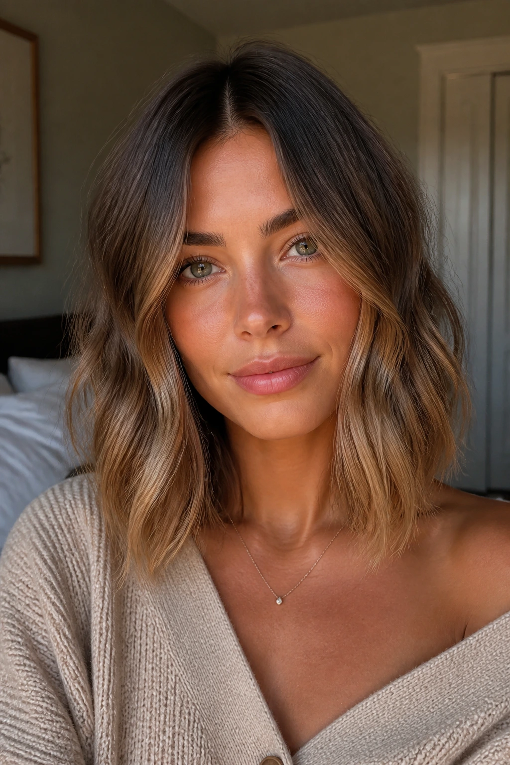 Close-up of a real person with a collarbone-length lob and soft center-part waves