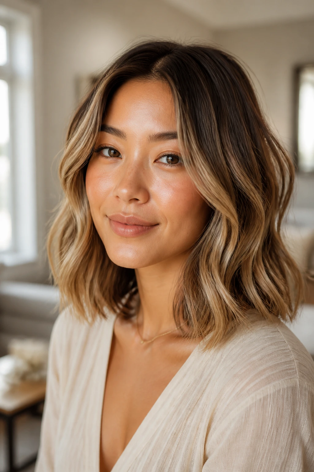 Close-up portrait of a real woman with collarbone-length lob and soft S-waves on warm undertone skin