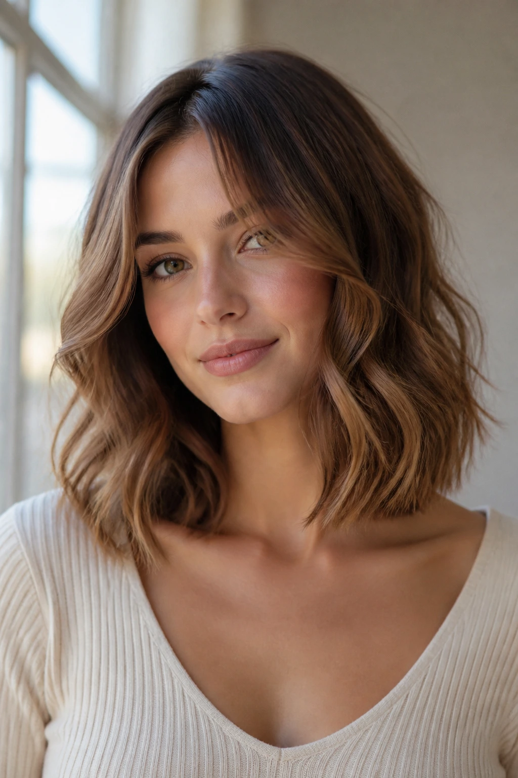 Portrait of someone wearing collarbone-length lob with loose S-waves.