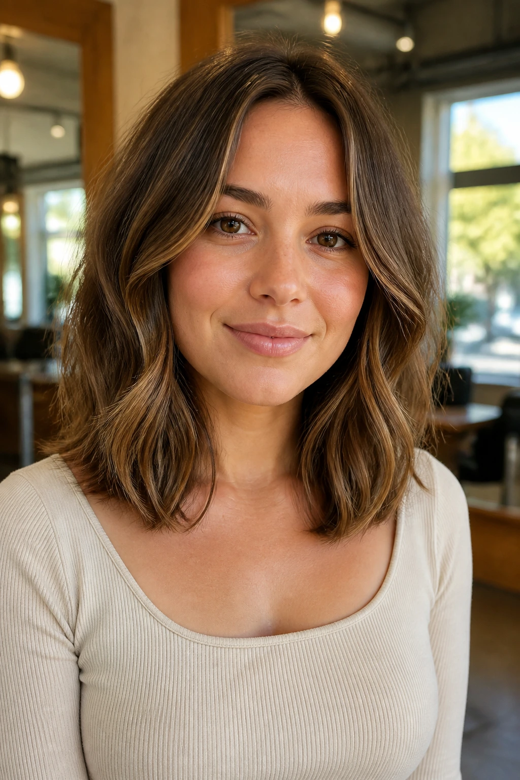Close-up of a real woman showing a collarbone-length lob with soft S-bends on a round face.