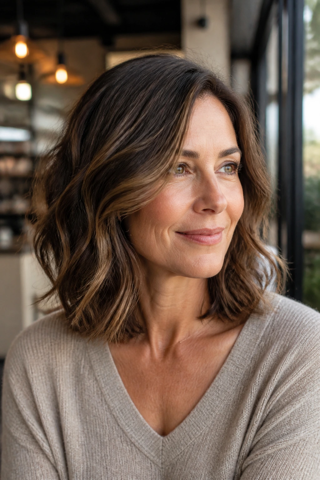 Portrait of a real woman with a collarbone-length lob and beveled ends.