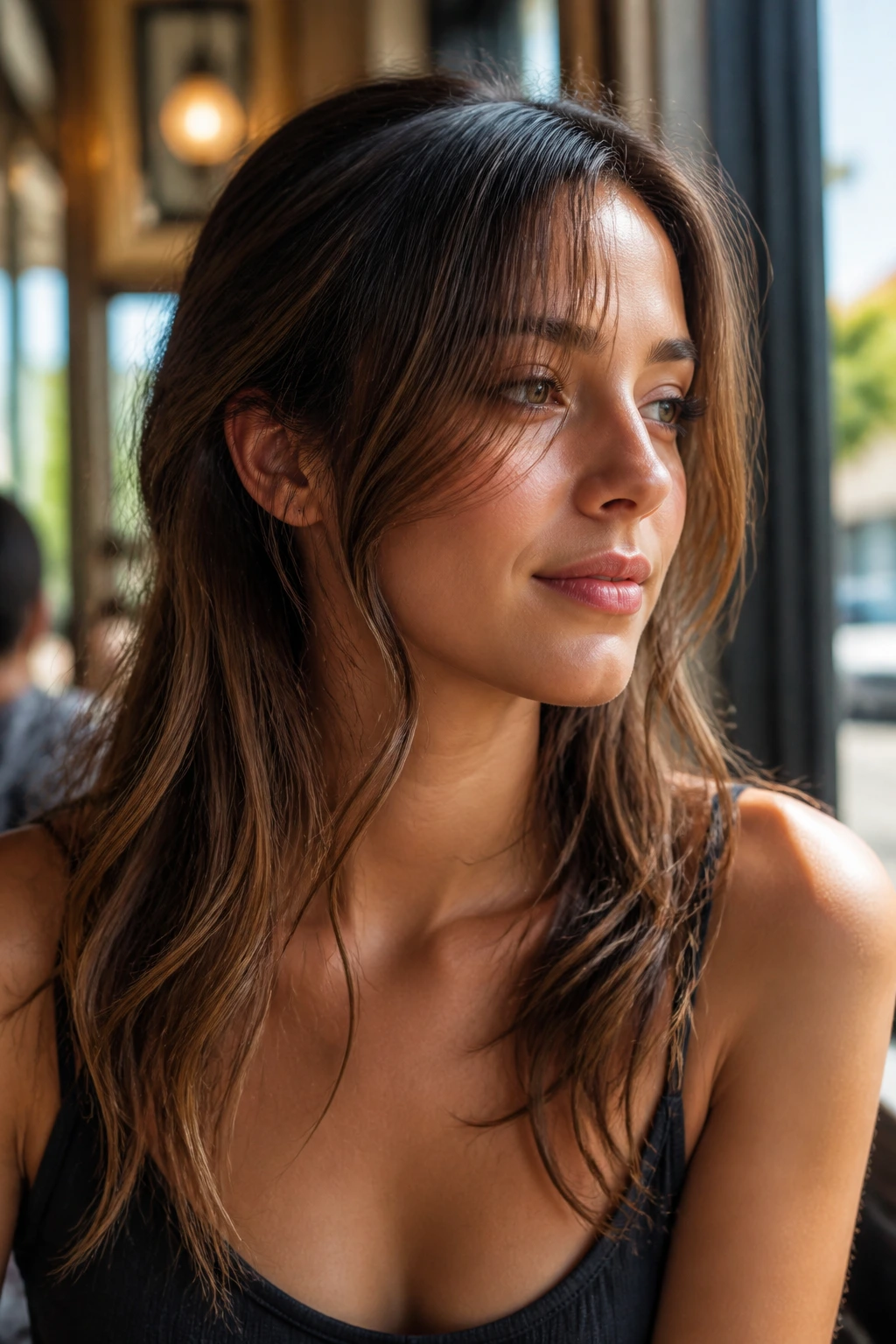 Collarbone-melting fringe with outer pieces near jaw and collarbone on real woman
