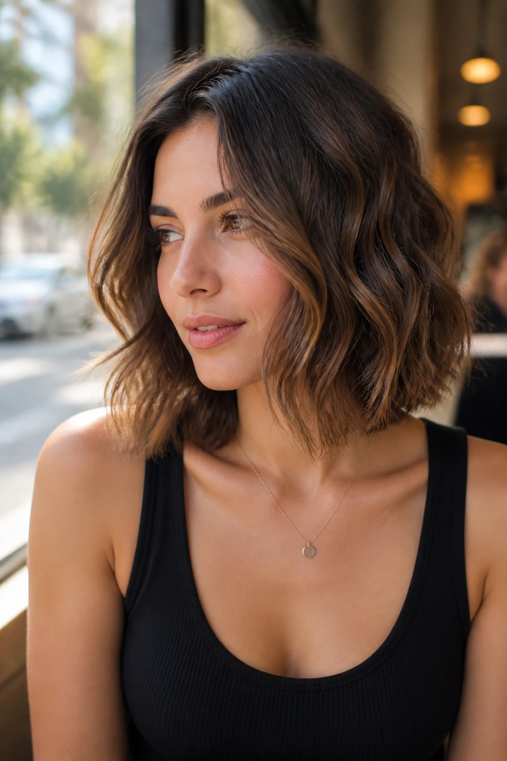 Medium close-up of a real woman with collarbone-length lob and loose waves