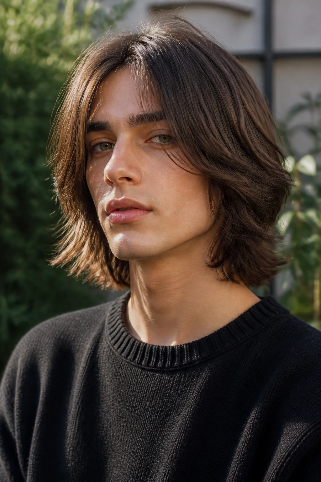 Portrait of a real person with collarbone-length pageboy and feathered ends outdoors