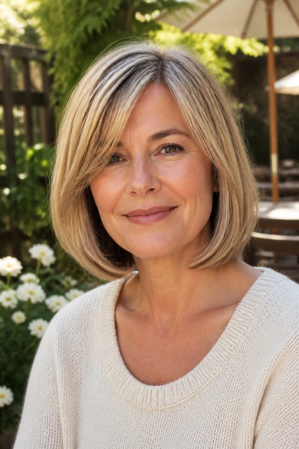 Portrait of a woman with a collarbone-length pageboy outdoors in sunlight.