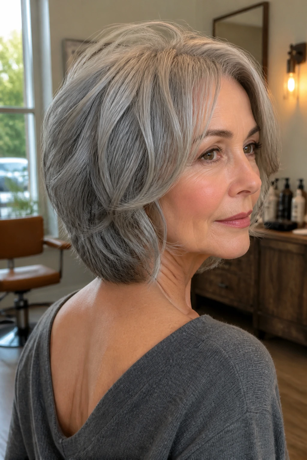 Medium close-up of gray-haired woman with collarbone-length pixie bob transition.