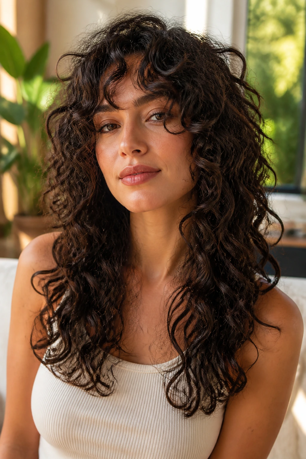 Close-up of a real woman with collarbone-to-rib shag and long curls framing the face