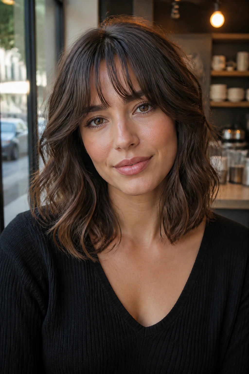 Close-up of a woman with collarbone-length rounded layers and bottleneck fringe in natural daylight