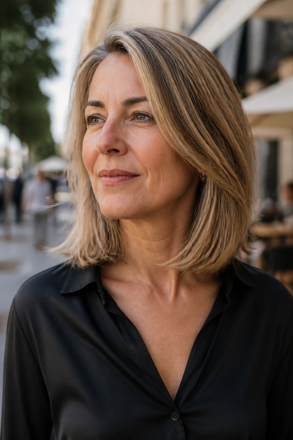 Portrait of a real woman with a collarbone-length rounded lob.