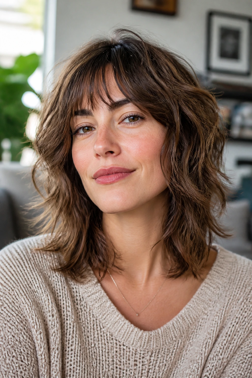 Real woman with collarbone-length shag and airy ends.
