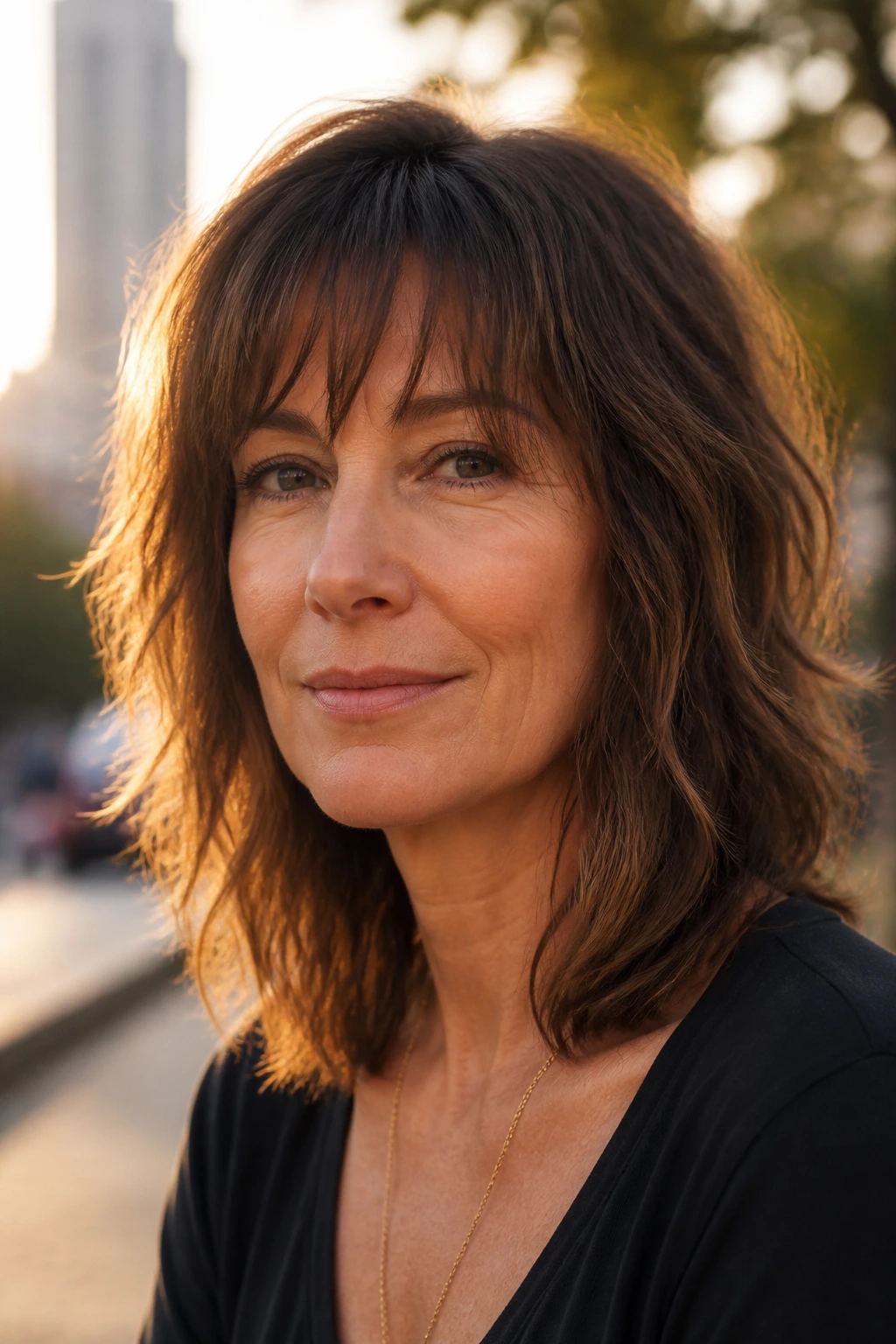 Real woman with collarbone-length shag bangs and textured fringe in golden-hour light.