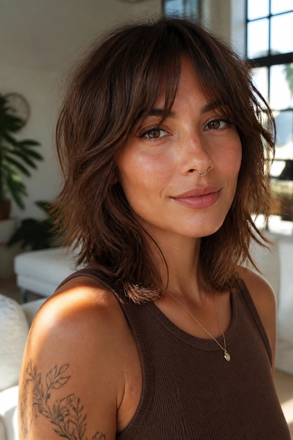 Portrait of a real person with collarbone-length shag and bottleneck bangs