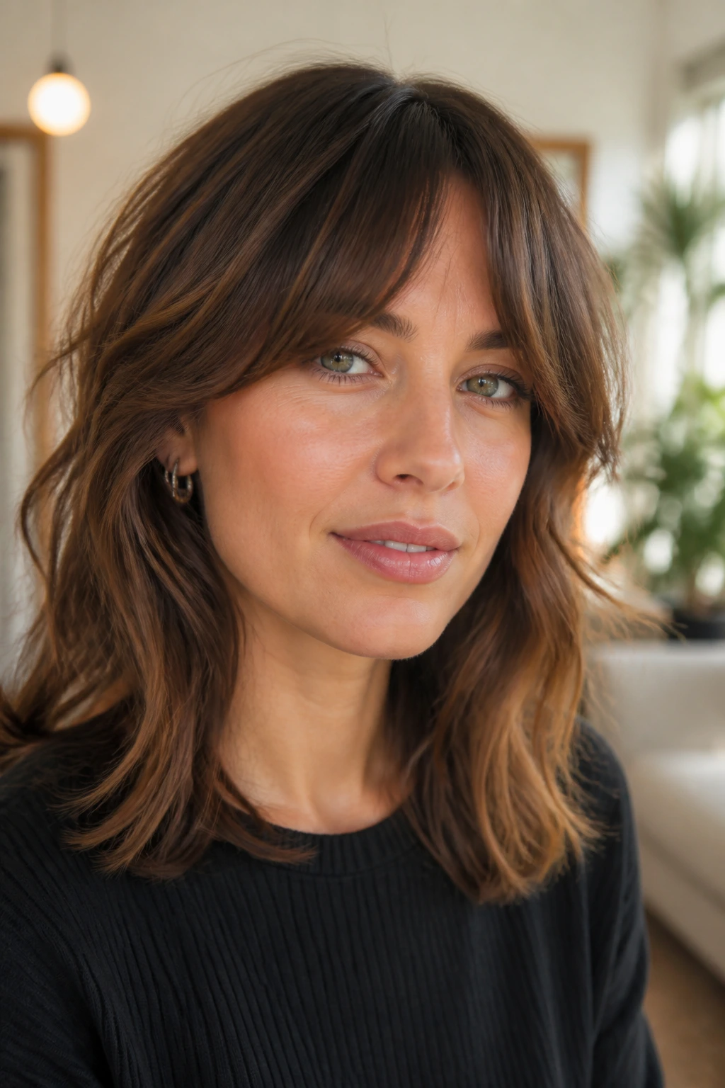 Portrait of a woman with collarbone-length shag and bottleneck bangs framing the face