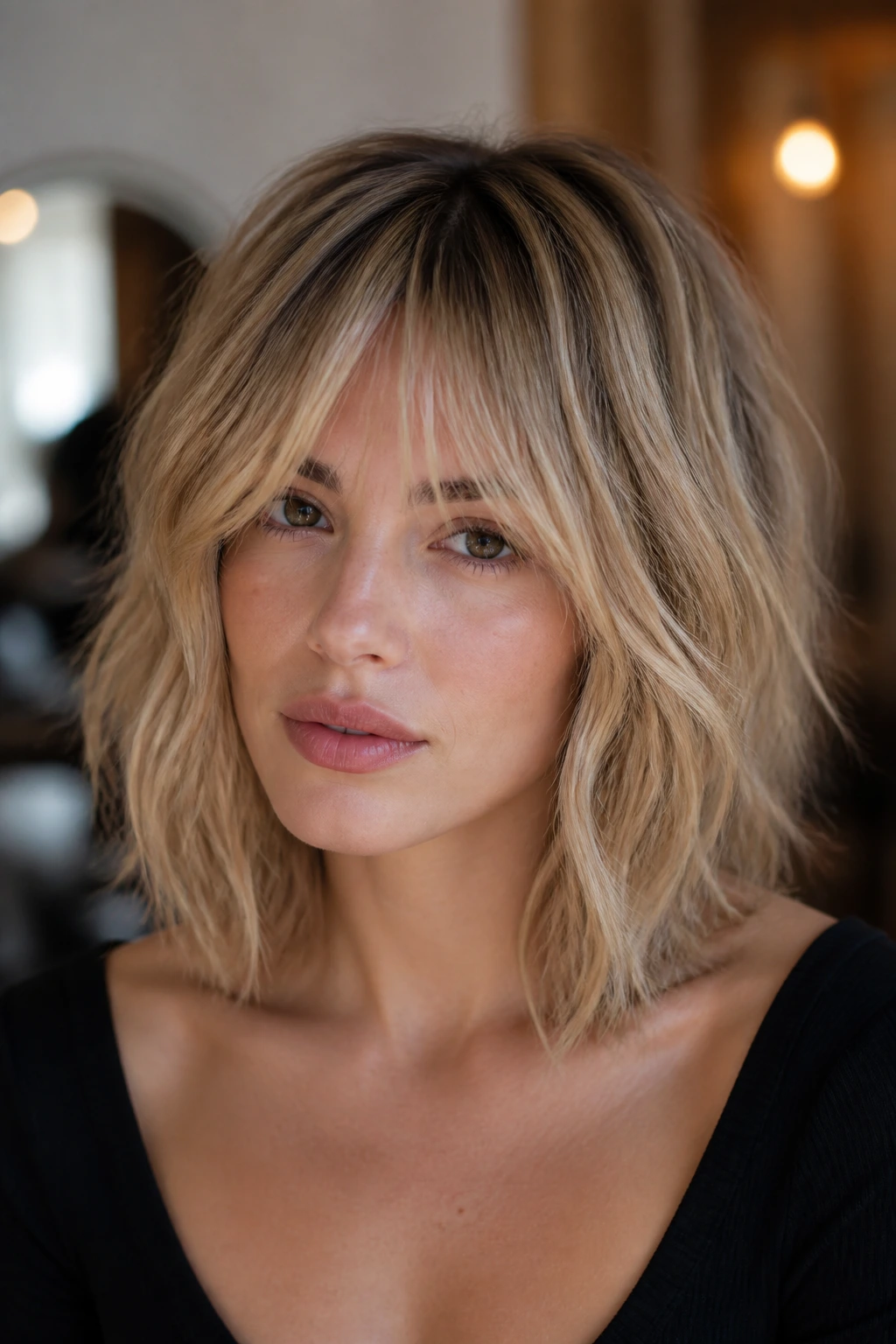 Real woman with collarbone-length shag in rooted champagne blonde.