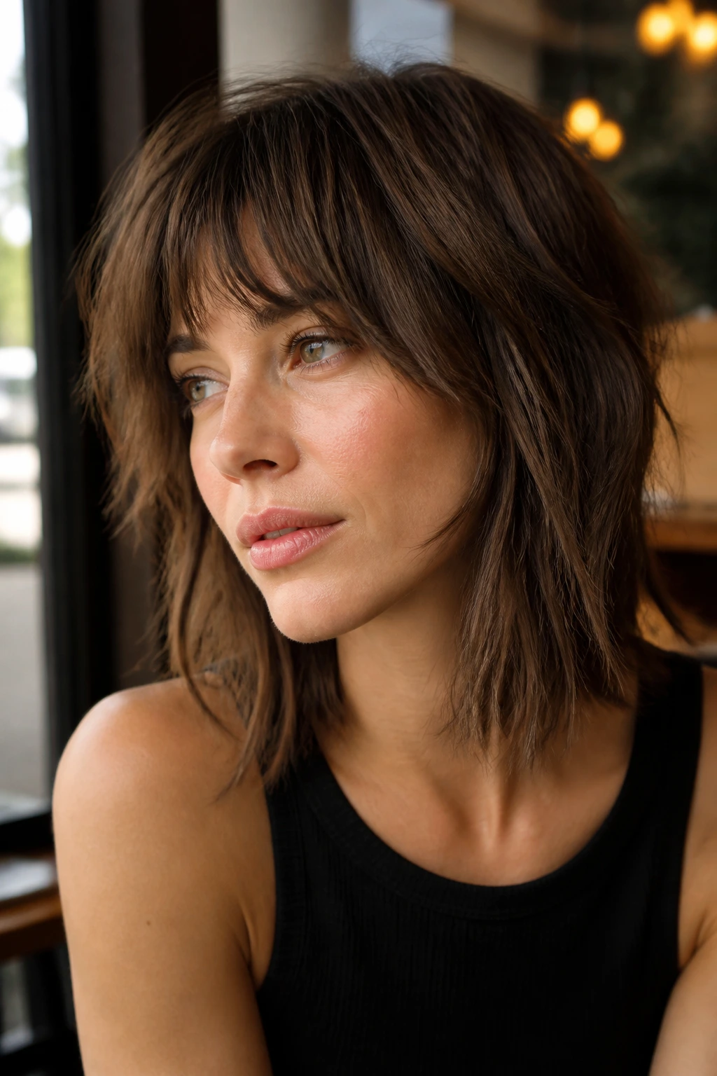 Close-up portrait of a real woman with collarbone-length shag and chewed-up ends