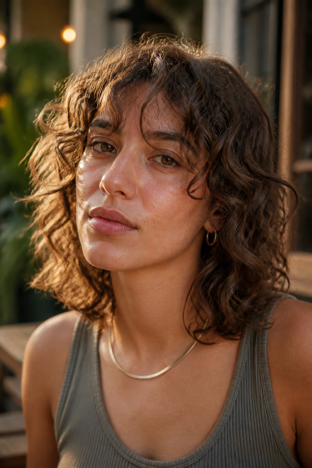 Portrait of loose curl collarbone shag on a real person.