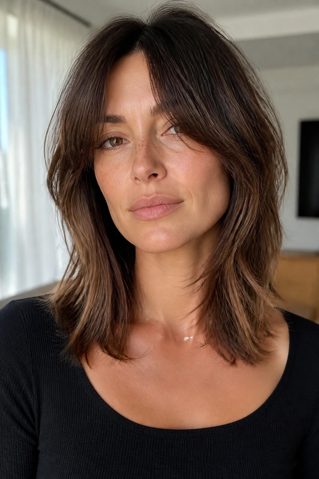 Close-up of real woman with collarbone-curtain shag fringe splitting near nose and grazing collarbone
