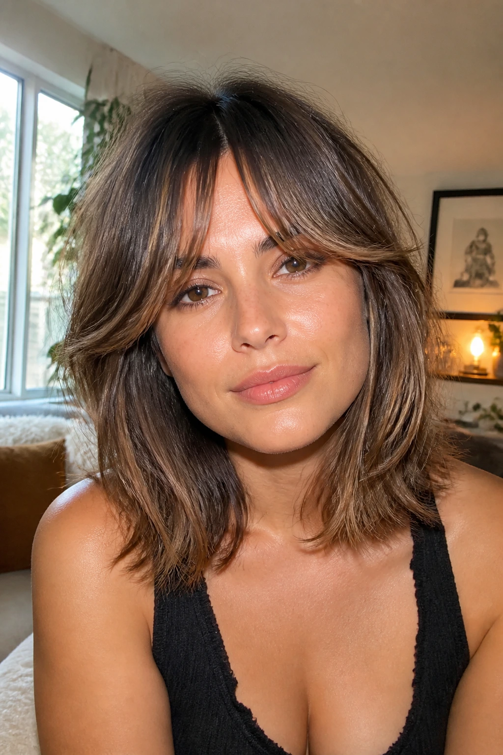 Close-up of collarbone-length shag with curtain bangs on a real person.