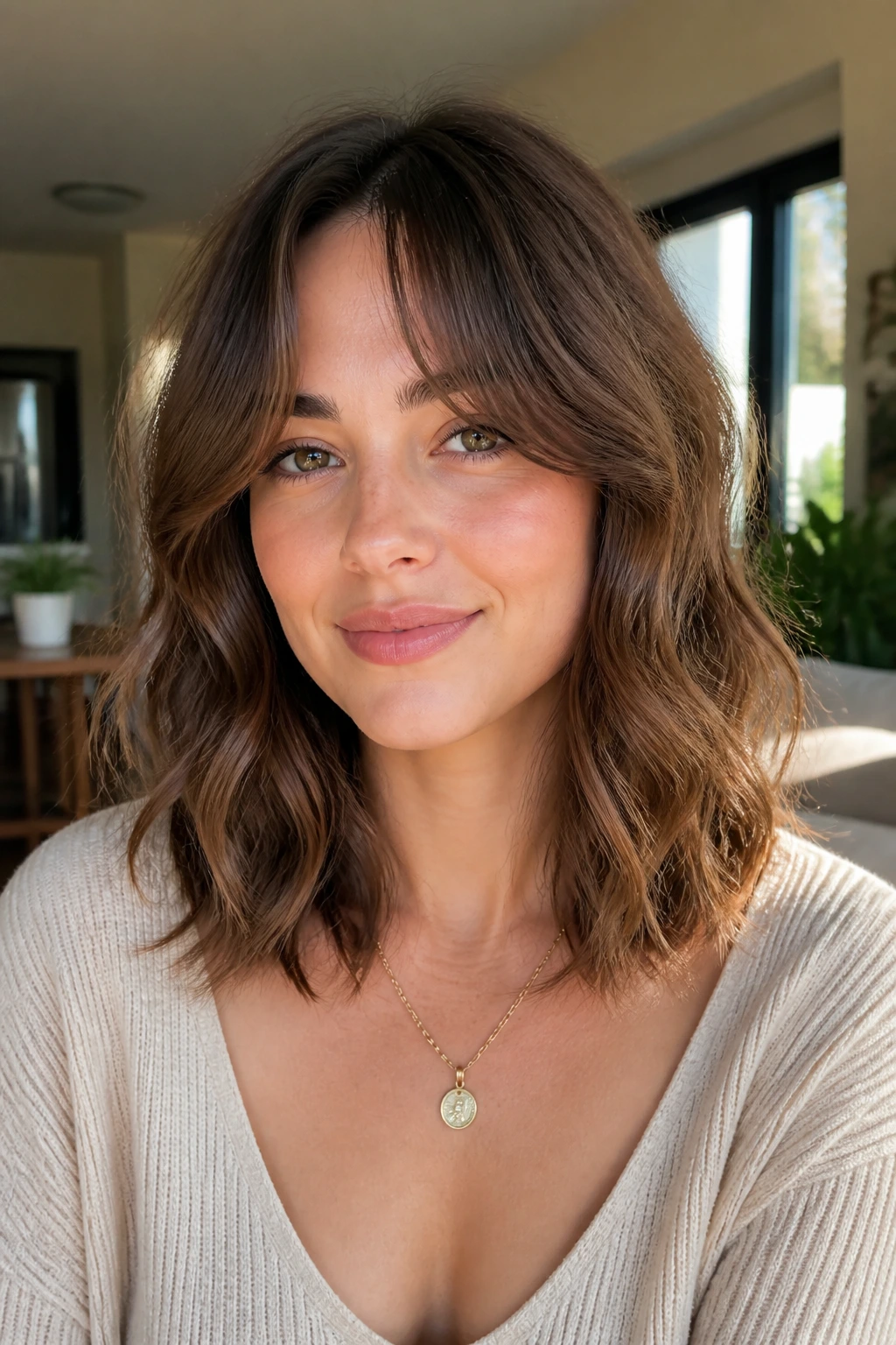 Portrait of a woman with collarbone-length shag and curtain bangs