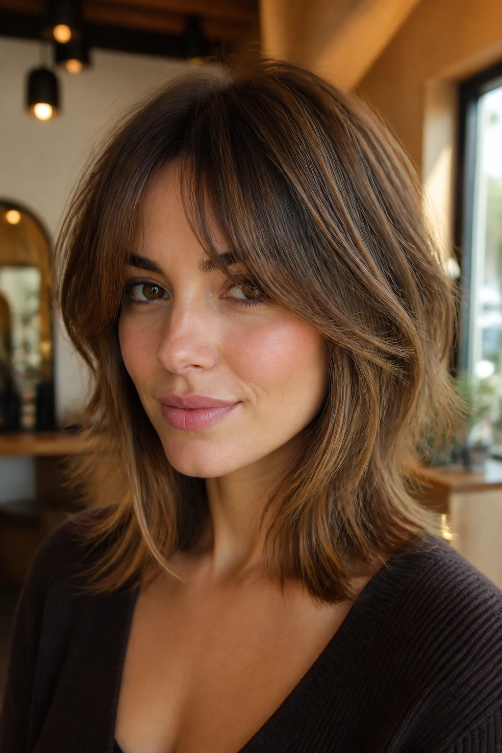 Close-up of collarbone-length shag with curtain bangs on a real woman