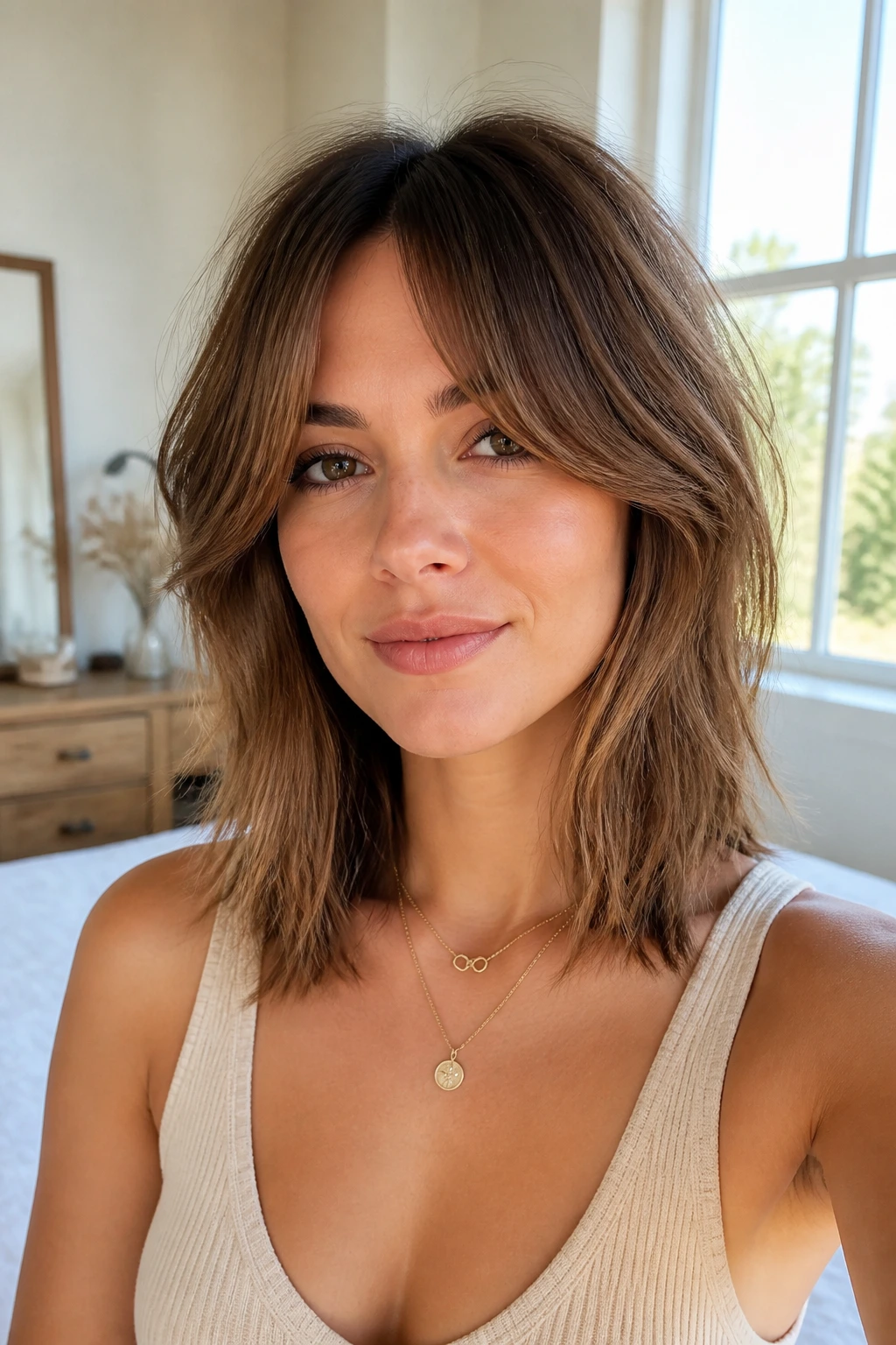 Real woman with collarbone length shag and curtain bangs in a soft warm setting